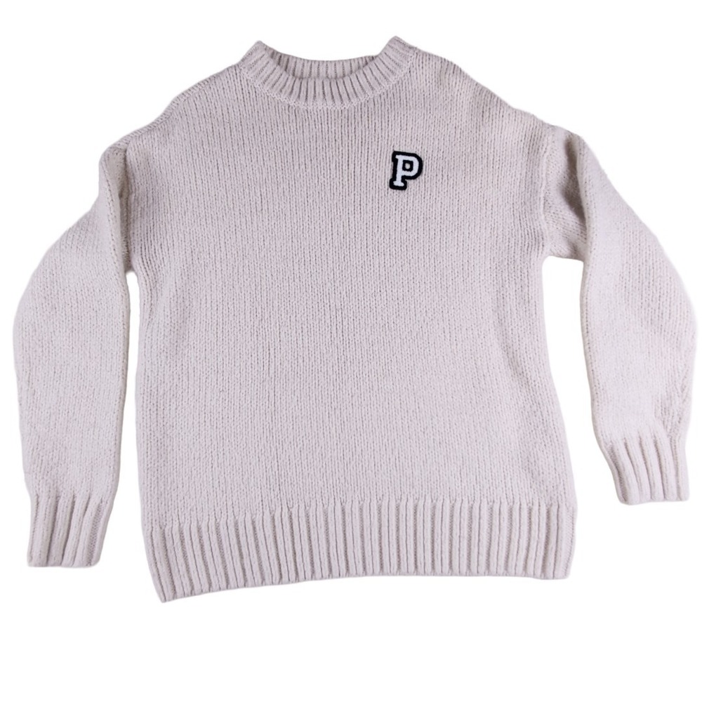 Victoria's Secret PINK Collegiate‎ Knit Cream Crewneck Sweater Chunky Knit XS